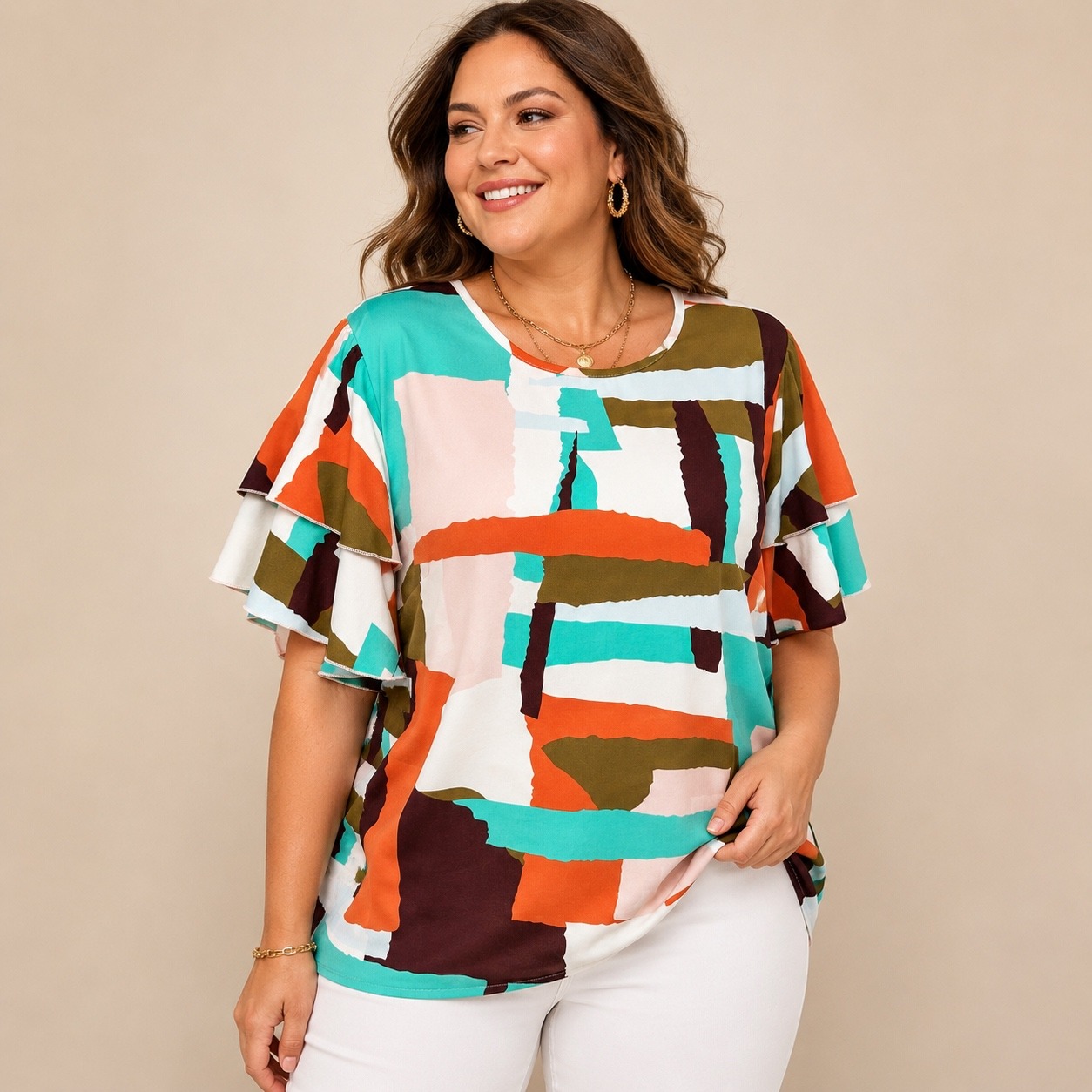 Womens 3x Abstract Geometric Flutter Sleeve Blouse Boho Resort Cruise Retro Top